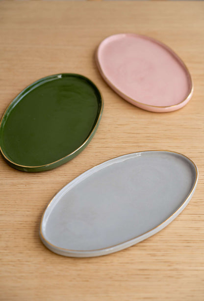 Handmade Oval Porcelain Platter and Gold Rim Pink