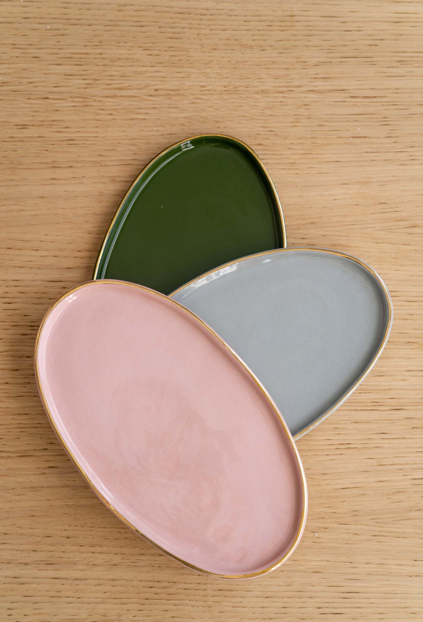 Handmade Oval Porcelain Platter and Gold Rim Pink