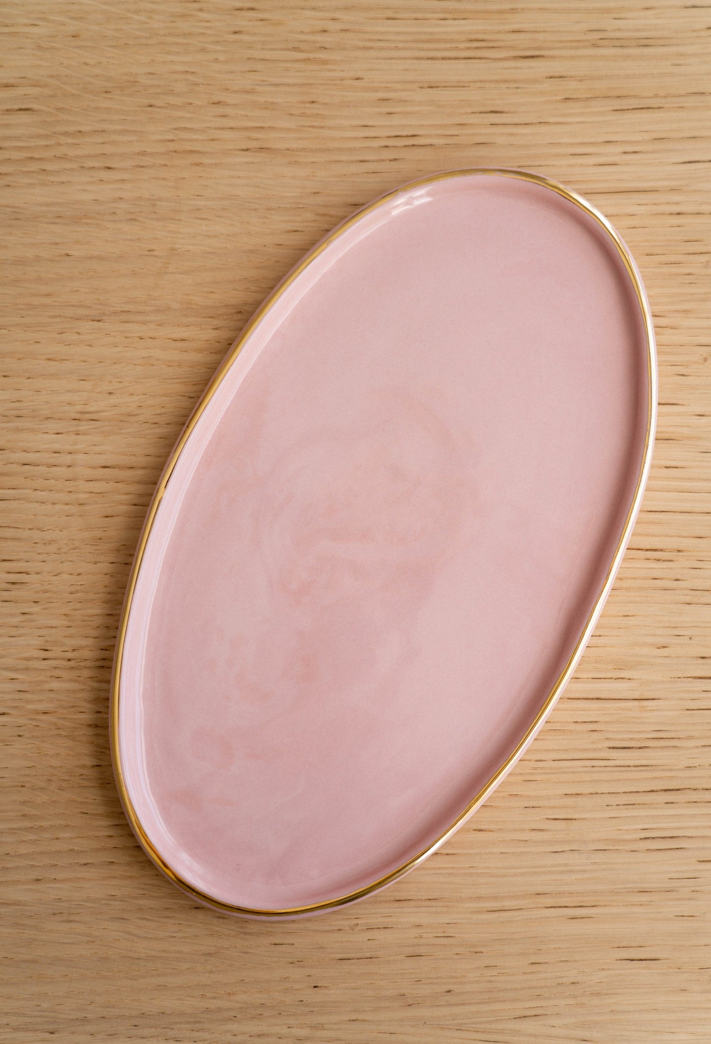 Handmade Oval Porcelain Platter and Gold Rim Pink
