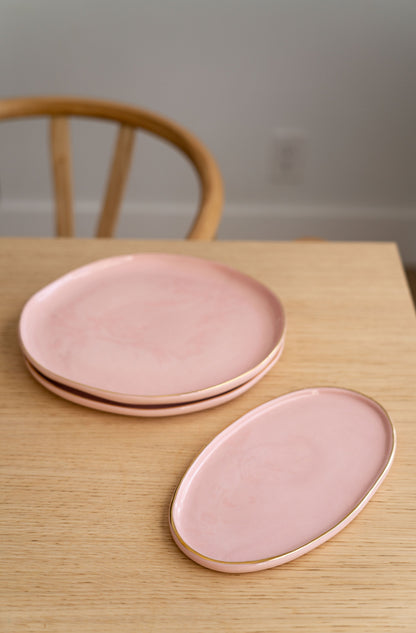 Handmade Oval Porcelain Platter and Gold Rim Pink