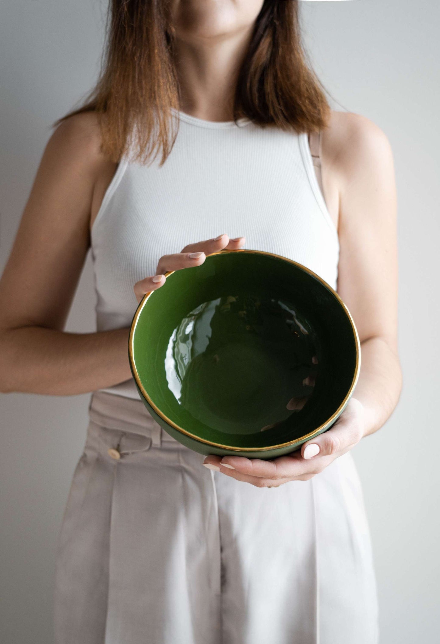 Green Handmade Porcelain Salad Bowl with Gold Rim