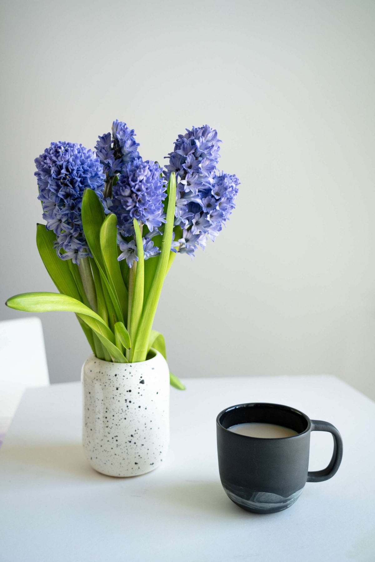 Handmade porcelain mug, dark gray with cream interior, blue hyacinths in a speckled white vase on Tampa Home & Garden Store