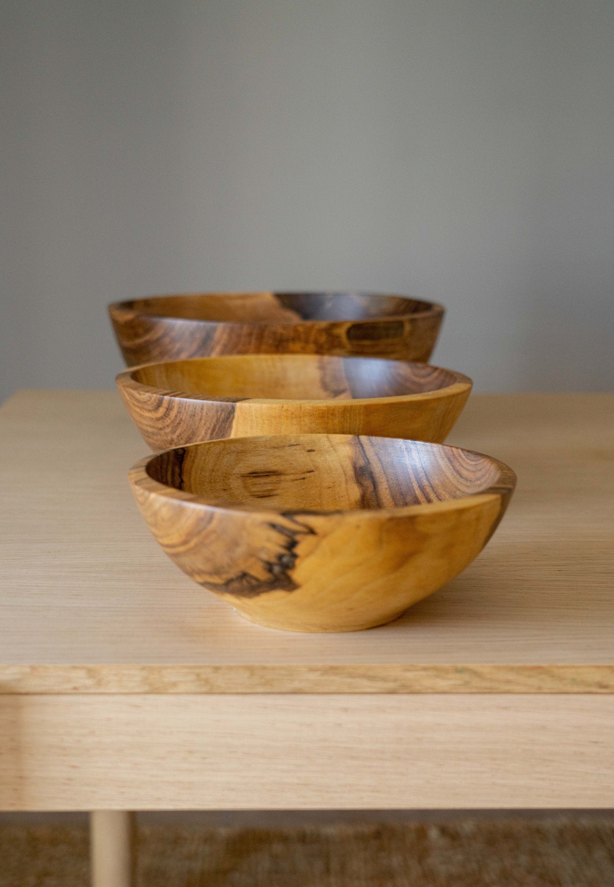 Hand Carved Walnut Nesting Bowls set of 4 by CREATING COMFORT in warm grain on Tampa Home & Garden Store