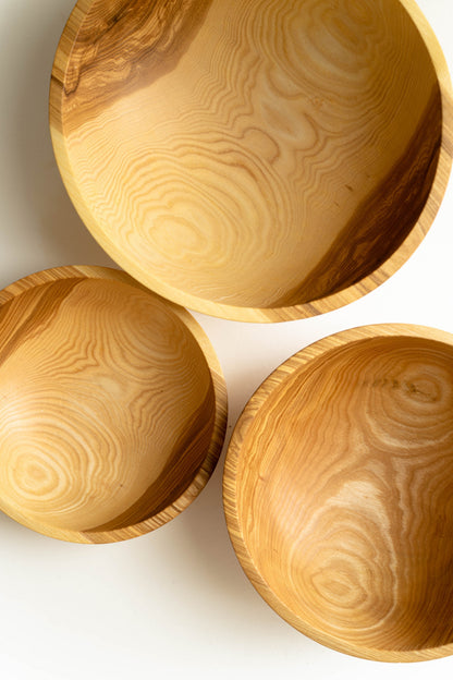 Hand carved wooden nesting bowl set by CREATING COMFORT, natural oak grain, multiple bowls on Tampa Home & Garden Store