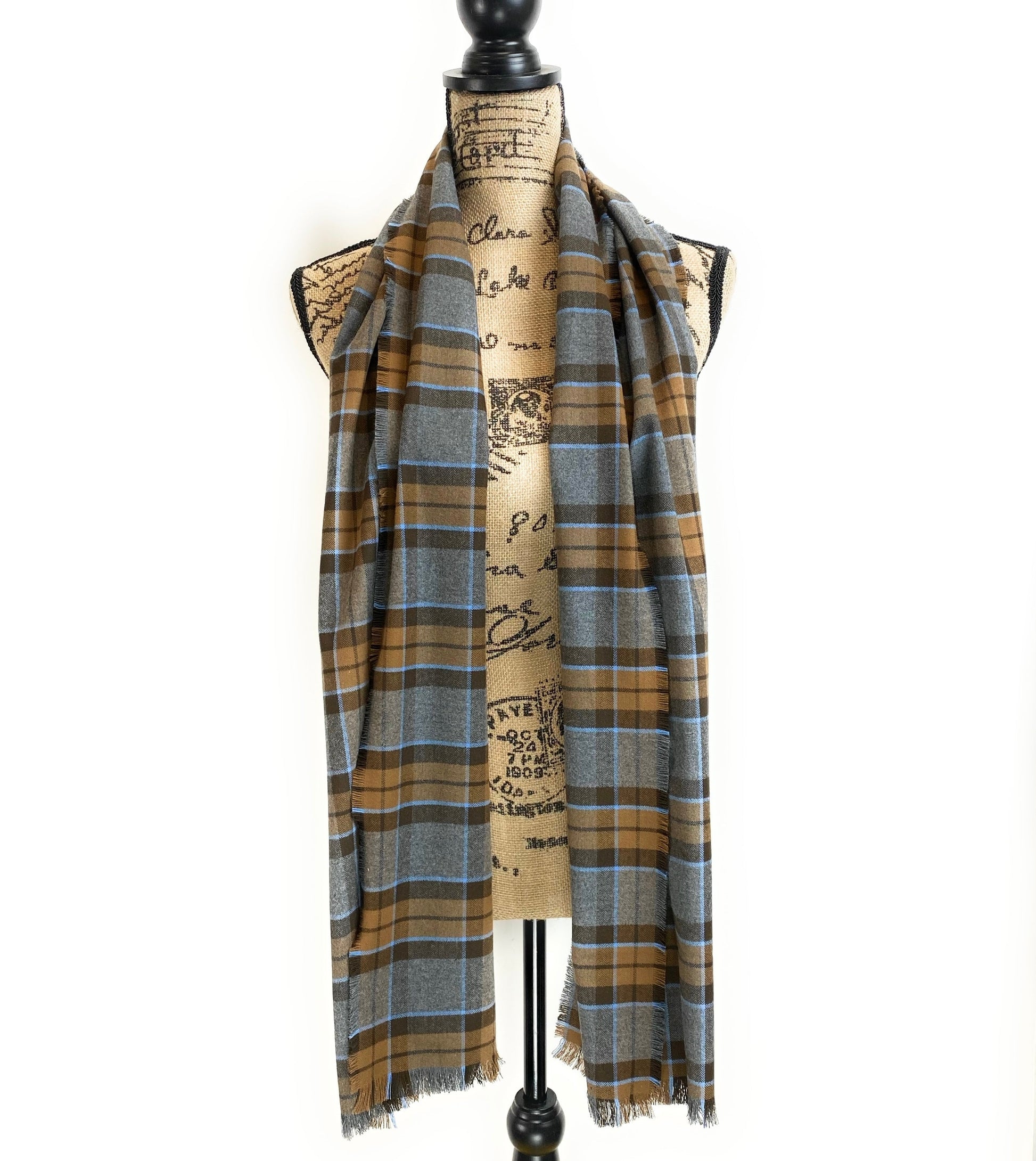 Straight Scarf - Outlander Clan MacKenzie Inspired Gray, Brown and Light Blue Cotton Flannel - Tampa Home & Garden Store