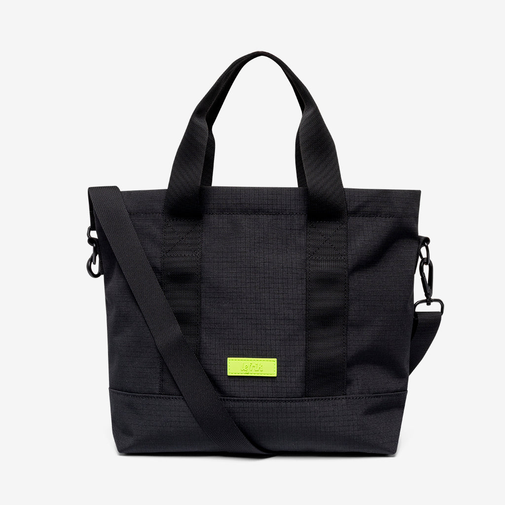 Strata Mini Tote Bag Lefrik USA black with lime patch, top handles and shoulder strap on Tampa Home & Garden Store
