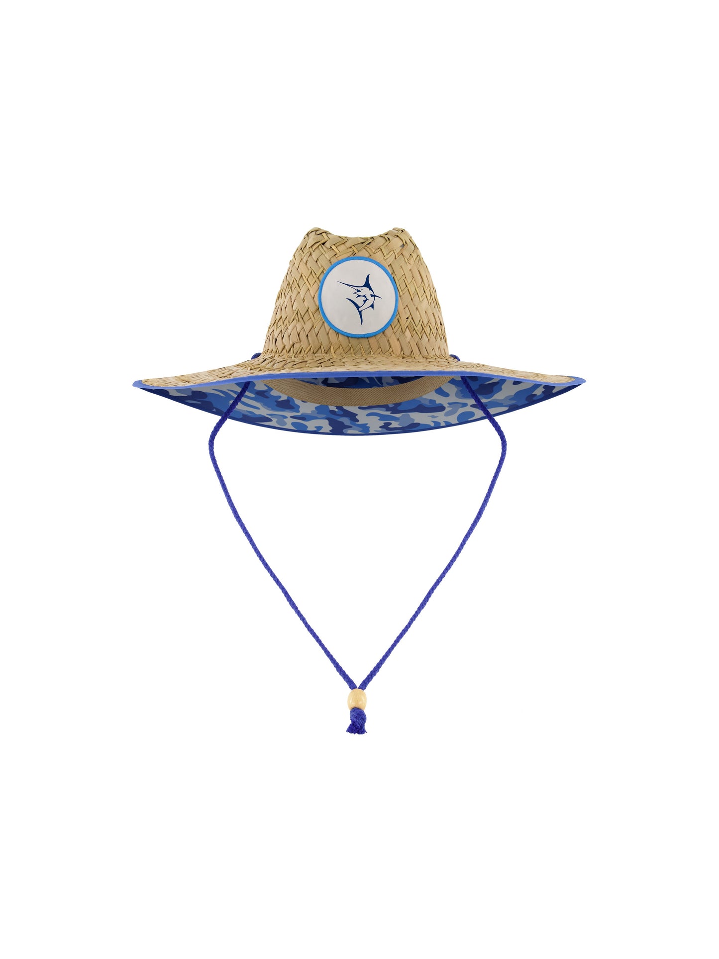 Marlin Straw Hat White Water Life natural straw with blue camo brim and marlin logo patch blue chin cords on Tampa Home & Garden Store