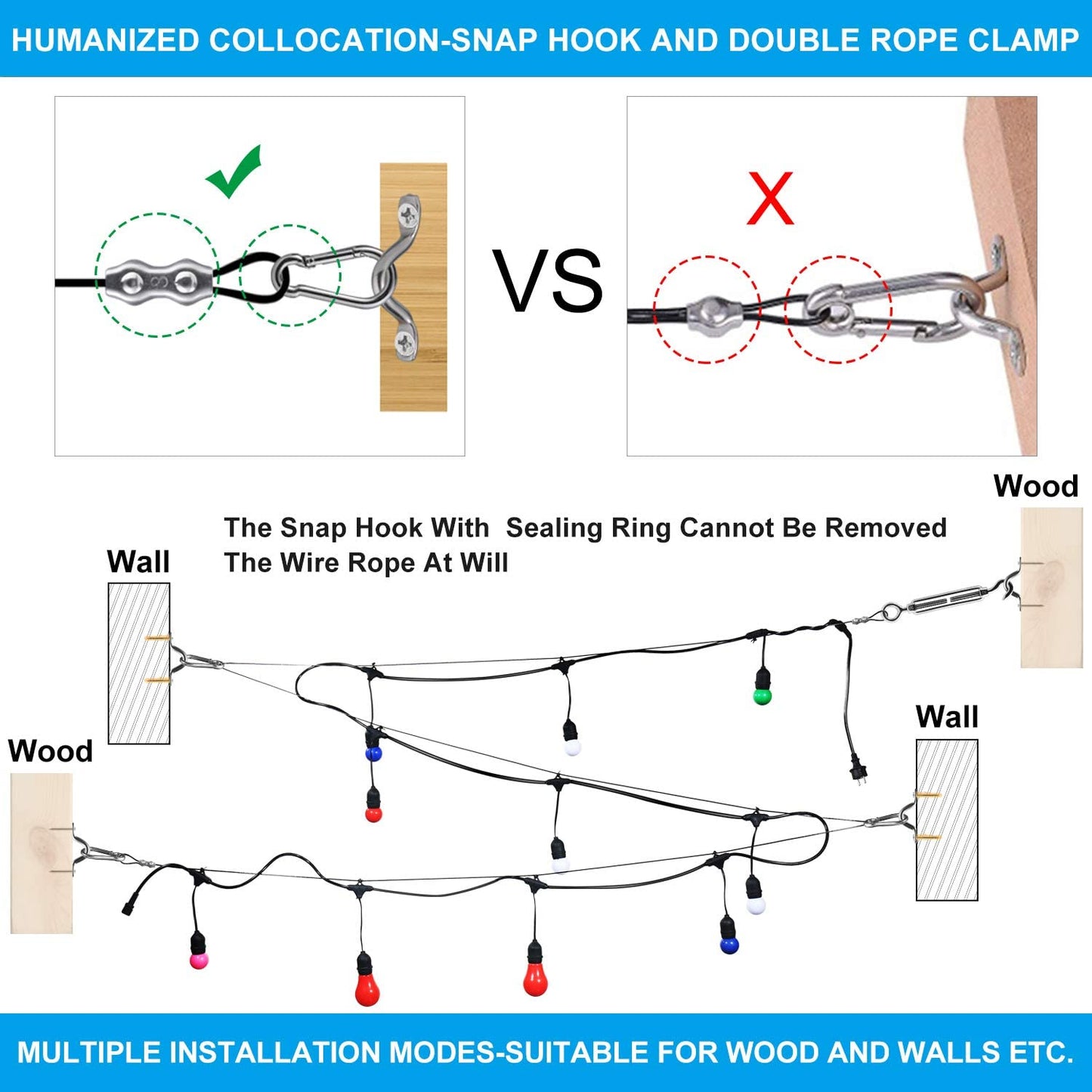 String Light Hanging Cable Kit, Nylon Coated 304 Stainless Steel Guide Wire and Accessories for Outdoor Bistro String Lights - Tampa Home & Garden Store