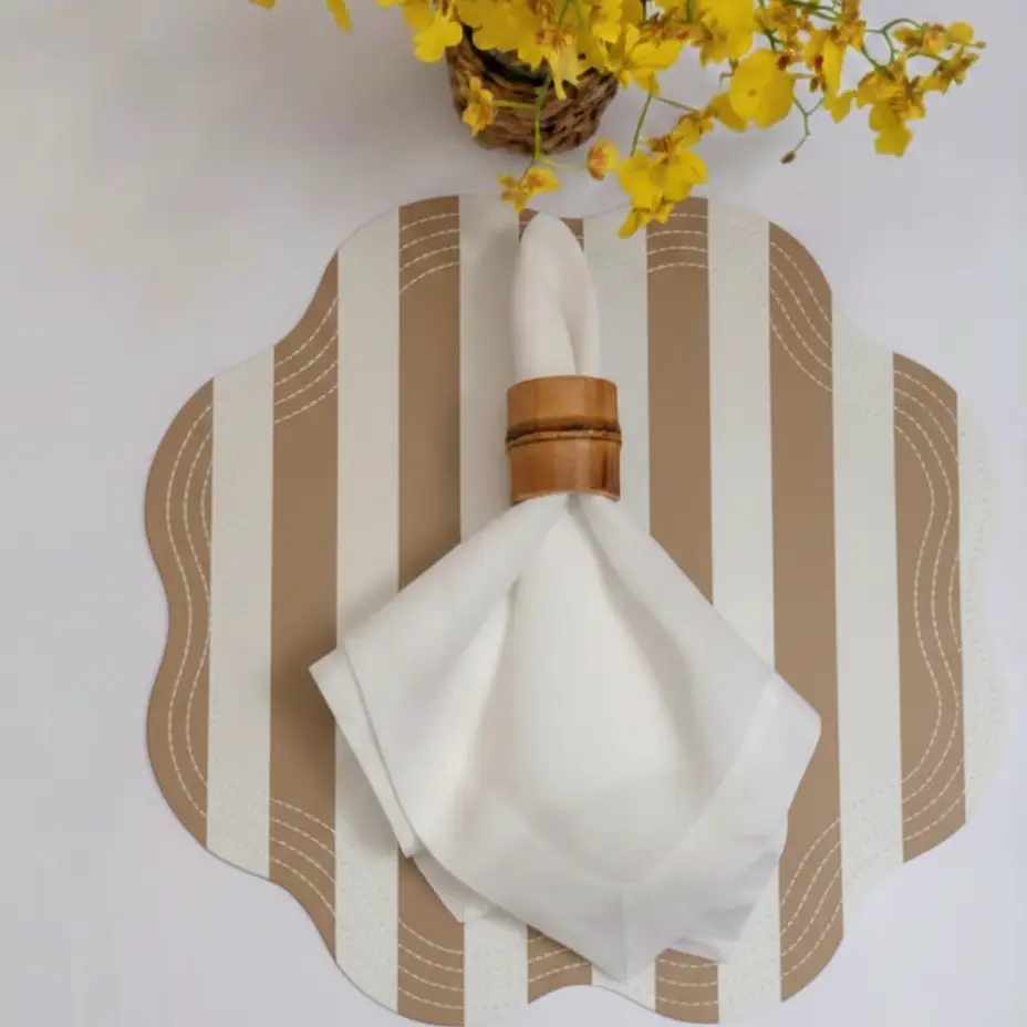 Retro Pink Striped Placemat by Talah Home with vintage charm and scalloped edges on Tampa Home & Garden Store