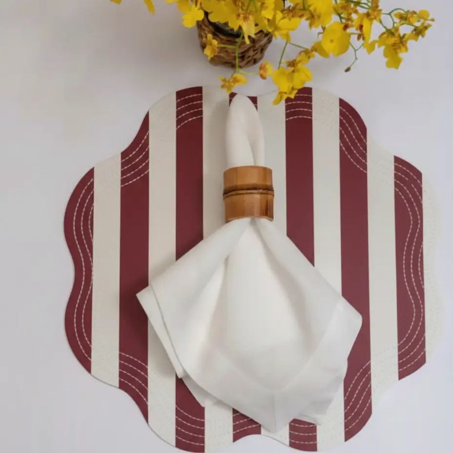Retro pink striped placemat with vintage charm, burgundy and ivory stripes, scalloped edges on Tampa Home & Garden Store