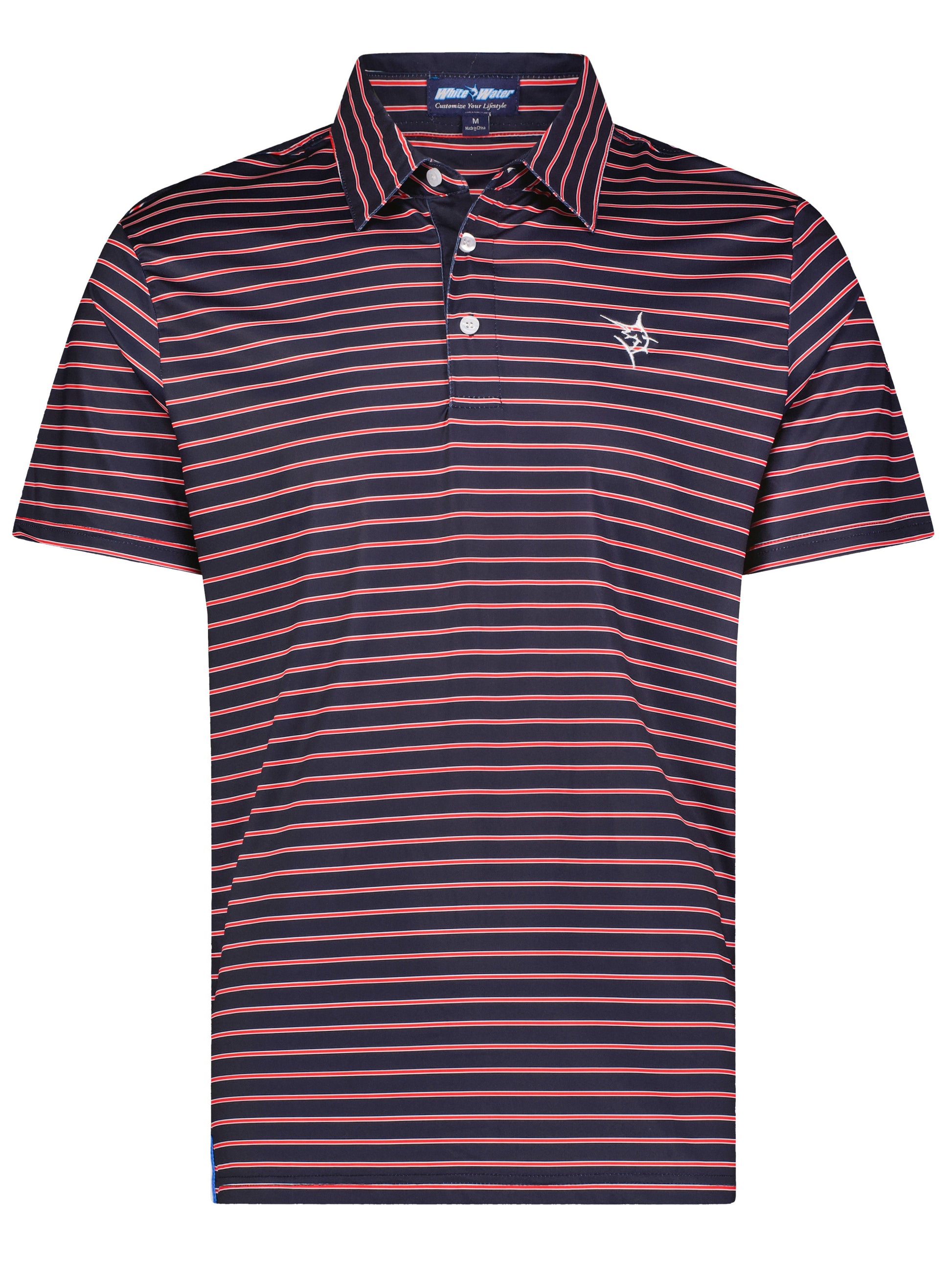 Striper Polo navy with red and white horizontal stripes, White Water Life chest logo, short-sleeve polo on Tampa Home & Garden Store