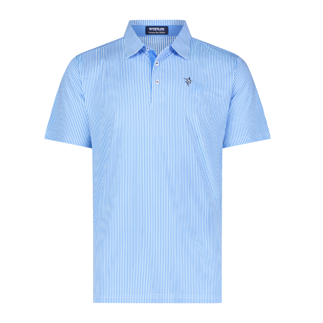 Striper Performance Polo shirt, blue and white striped, White Water Life brand on Tampa Home & Garden Store