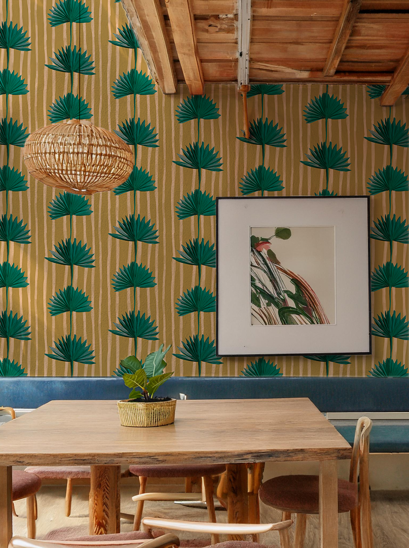 Stripey Palm Wallpaper, mustard and teal - Tampa Home & Garden Store