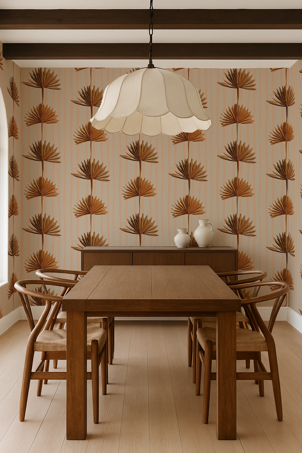 Stripey Palm Wallpaper, neutral peach and mustard - Tampa Home & Garden Store