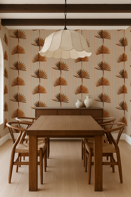 Stripey Palm Wallpaper, neutral peach and mustard - Tampa Home & Garden Store
