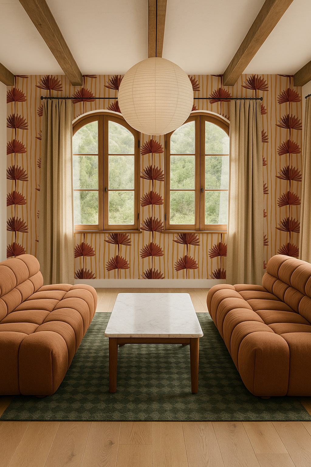 Stripey Palm Wallpaper, nude mustard and rust - Tampa Home & Garden Store
