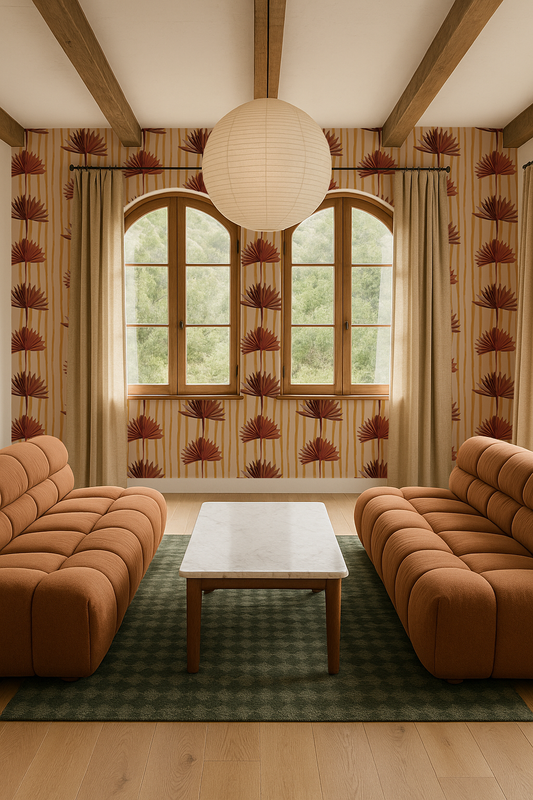 Stripey Palm Wallpaper, nude mustard and rust - Tampa Home & Garden Store
