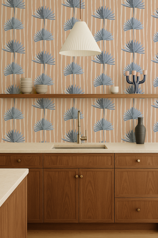 Stripey Palm Wallpaper, peach and blue - Tampa Home & Garden Store