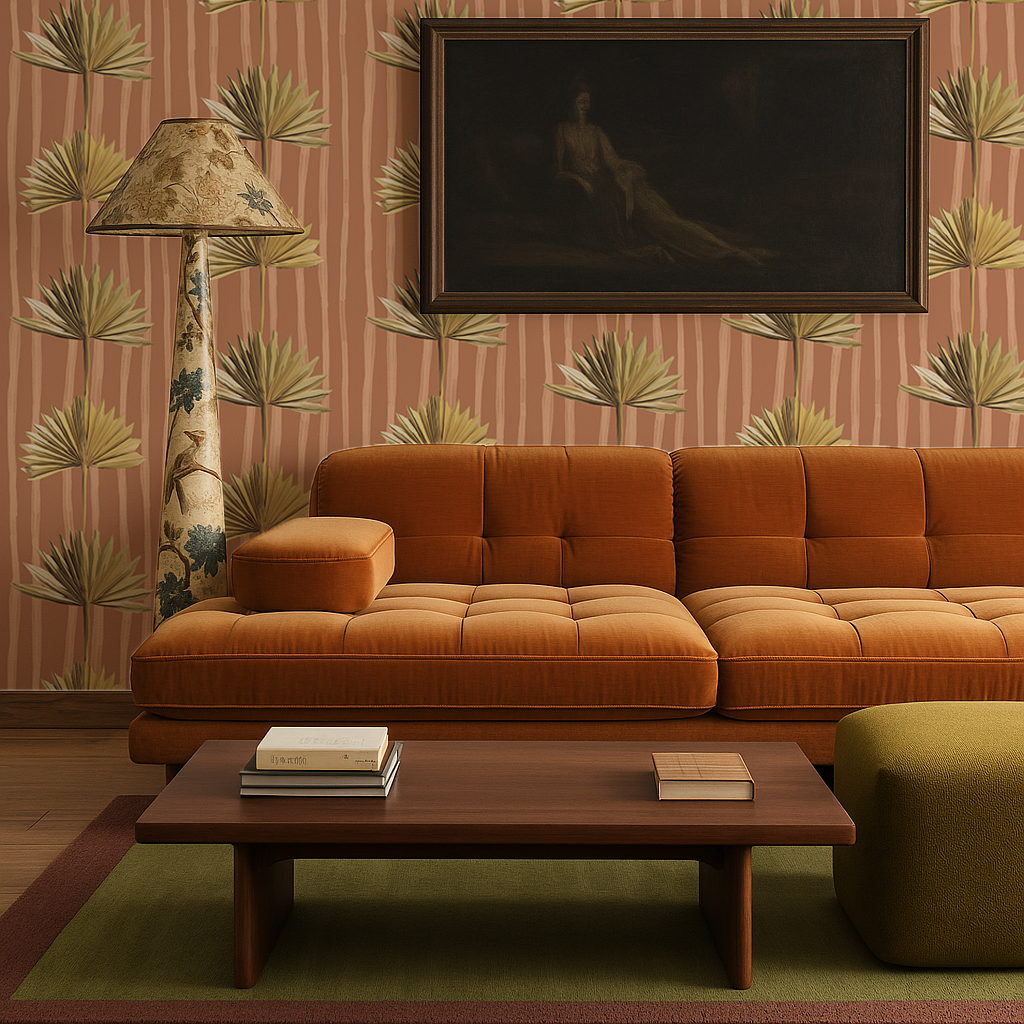 Stripey Palm Wallpaper, terra cotta and yellow - Tampa Home & Garden Store