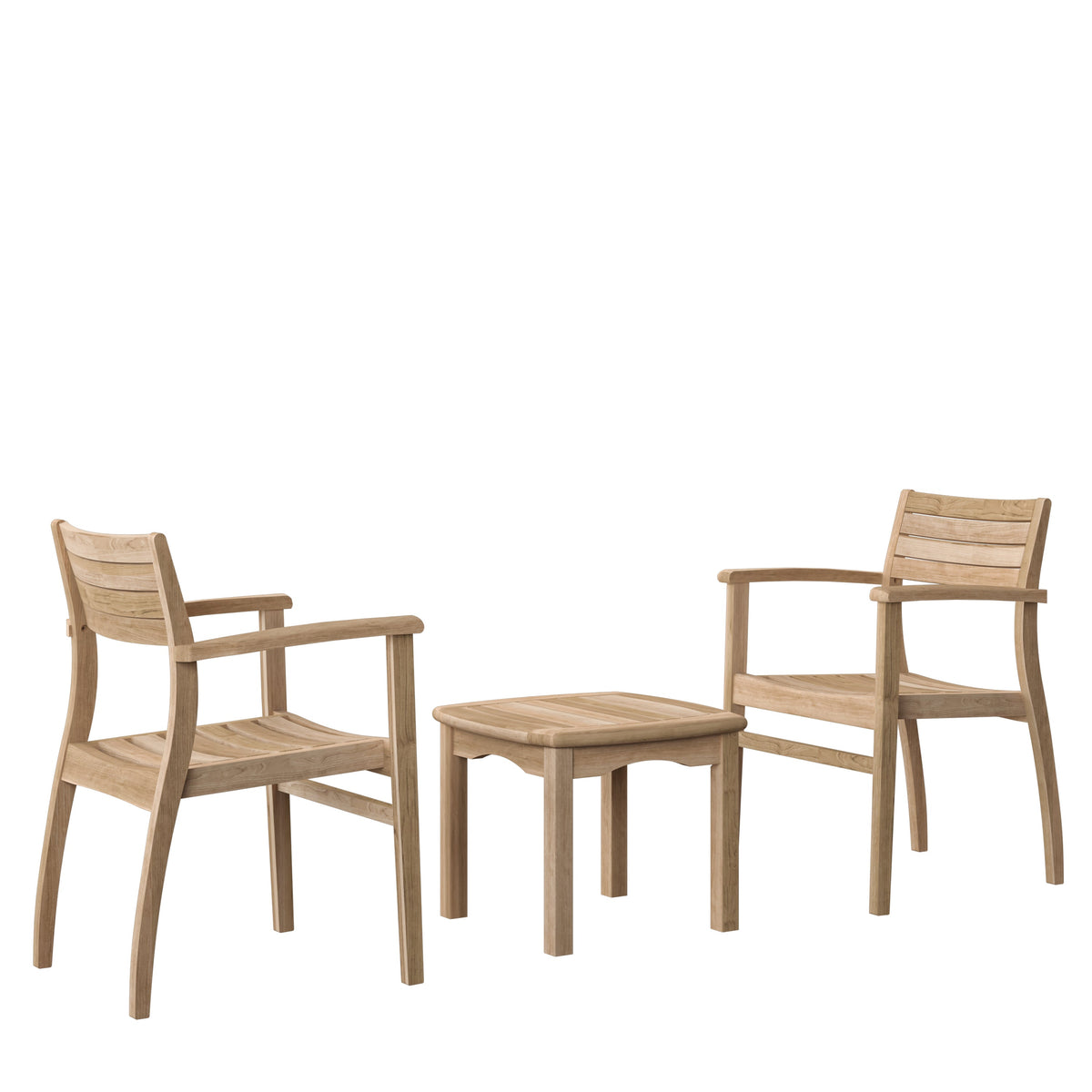 Intan teak side table and 2 Ninia chairs outdoor balcony set in natural wood finish on Tampa Home & Garden Store