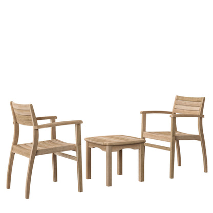 Intan teak side table and 2 Ninia chairs outdoor balcony set in natural wood finish on Tampa Home & Garden Store