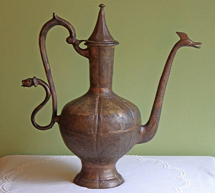 Stunning Antique Aftaba Pot.  Extra Large Hand Hammered Bronze Pot with Amazing Shapes and Decorative Elements. - Tampa Home & Garden Store