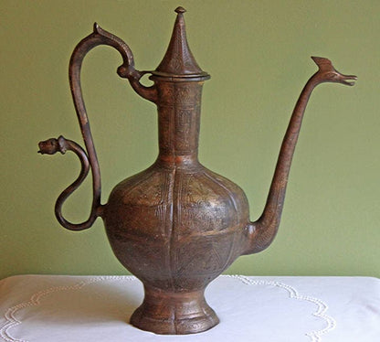 Stunning Antique Aftaba Pot.  Extra Large Hand Hammered Bronze Pot with Amazing Shapes and Decorative Elements. - Tampa Home & Garden Store