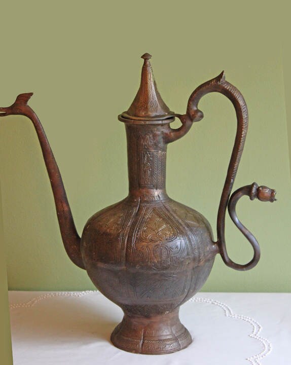 Stunning Antique Aftaba Pot.  Extra Large Hand Hammered Bronze Pot with Amazing Shapes and Decorative Elements. - Tampa Home & Garden Store