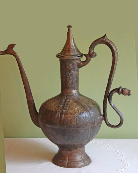 Stunning Antique Aftaba Pot.  Extra Large Hand Hammered Bronze Pot with Amazing Shapes and Decorative Elements. - Tampa Home & Garden Store