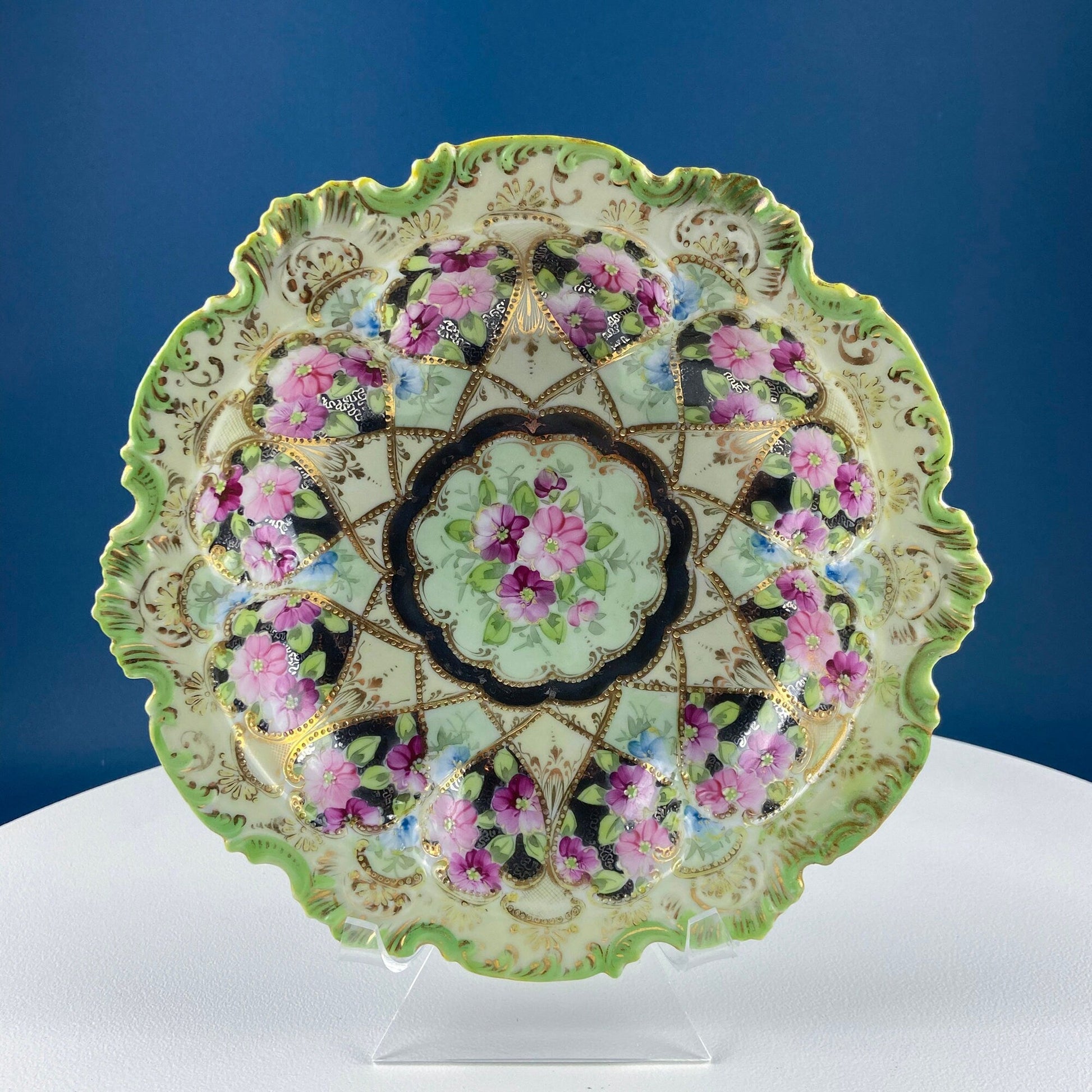 Stunning Antique Hand Painted Porcelain Bowl. Centerpiece Dish with Scalloped Edges. Gold Framework & Flowers. Dining Room Decor. - Tampa Home & Garden Store
