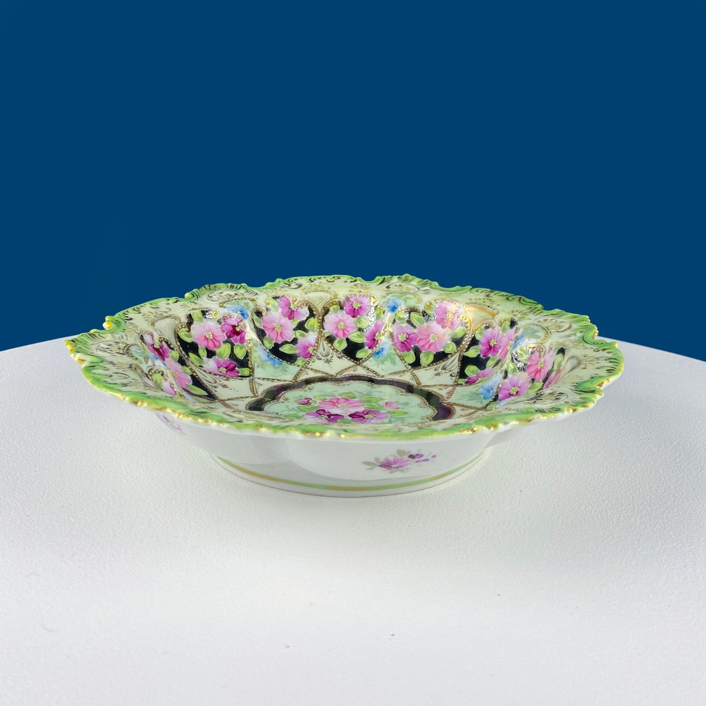 Stunning Antique Hand Painted Porcelain Bowl. Centerpiece Dish with Scalloped Edges. Gold Framework & Flowers. Dining Room Decor. - Tampa Home & Garden Store