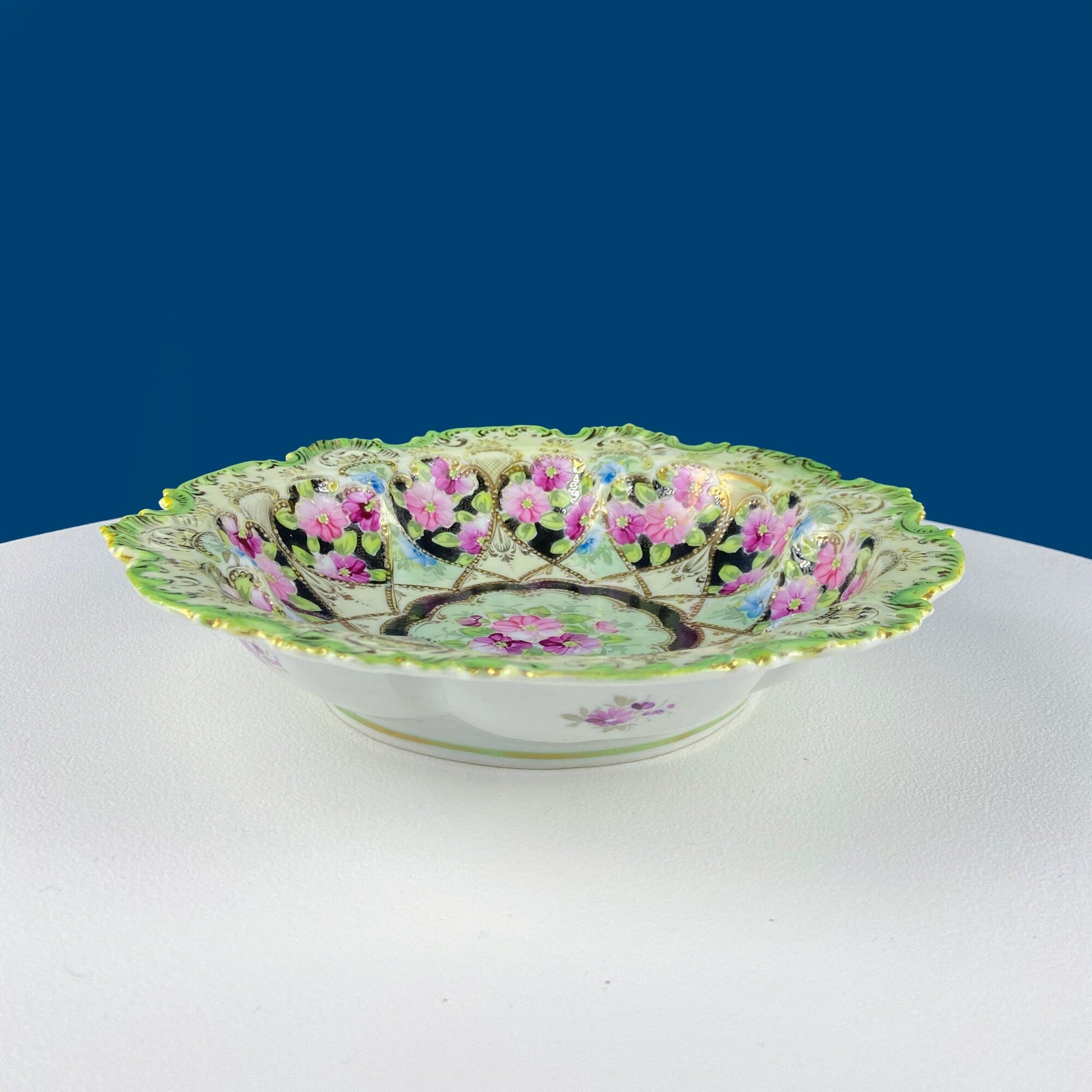 Stunning Antique Hand Painted Porcelain Bowl. Centerpiece Dish with Scalloped Edges. Gold Framework & Flowers. Dining Room Decor. - Tampa Home & Garden Store