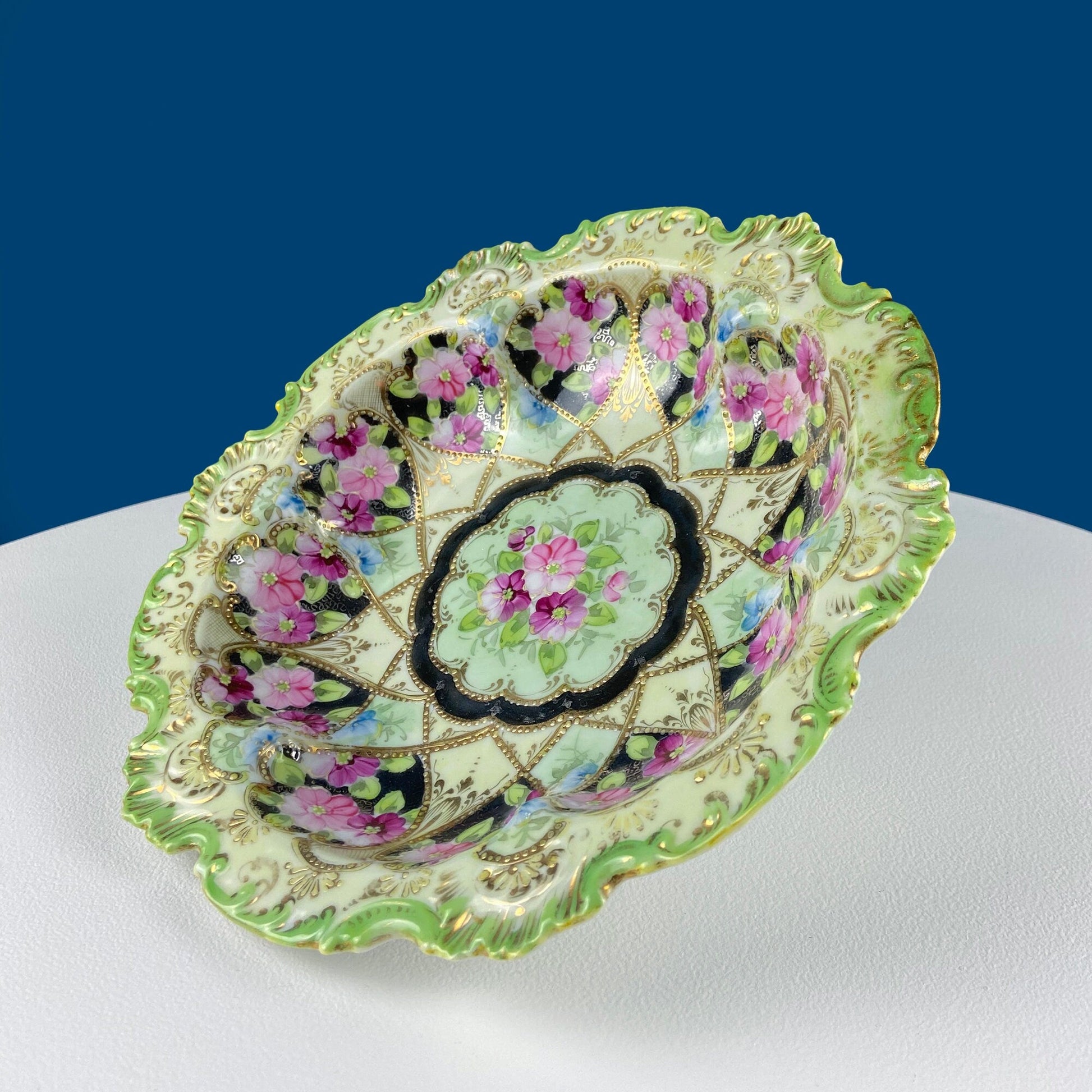 Stunning Antique Hand Painted Porcelain Bowl. Centerpiece Dish with Scalloped Edges. Gold Framework & Flowers. Dining Room Decor. - Tampa Home & Garden Store