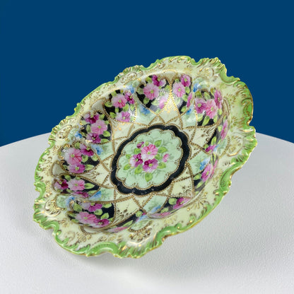Stunning Antique Hand Painted Porcelain Bowl. Centerpiece Dish with Scalloped Edges. Gold Framework & Flowers. Dining Room Decor. - Tampa Home & Garden Store