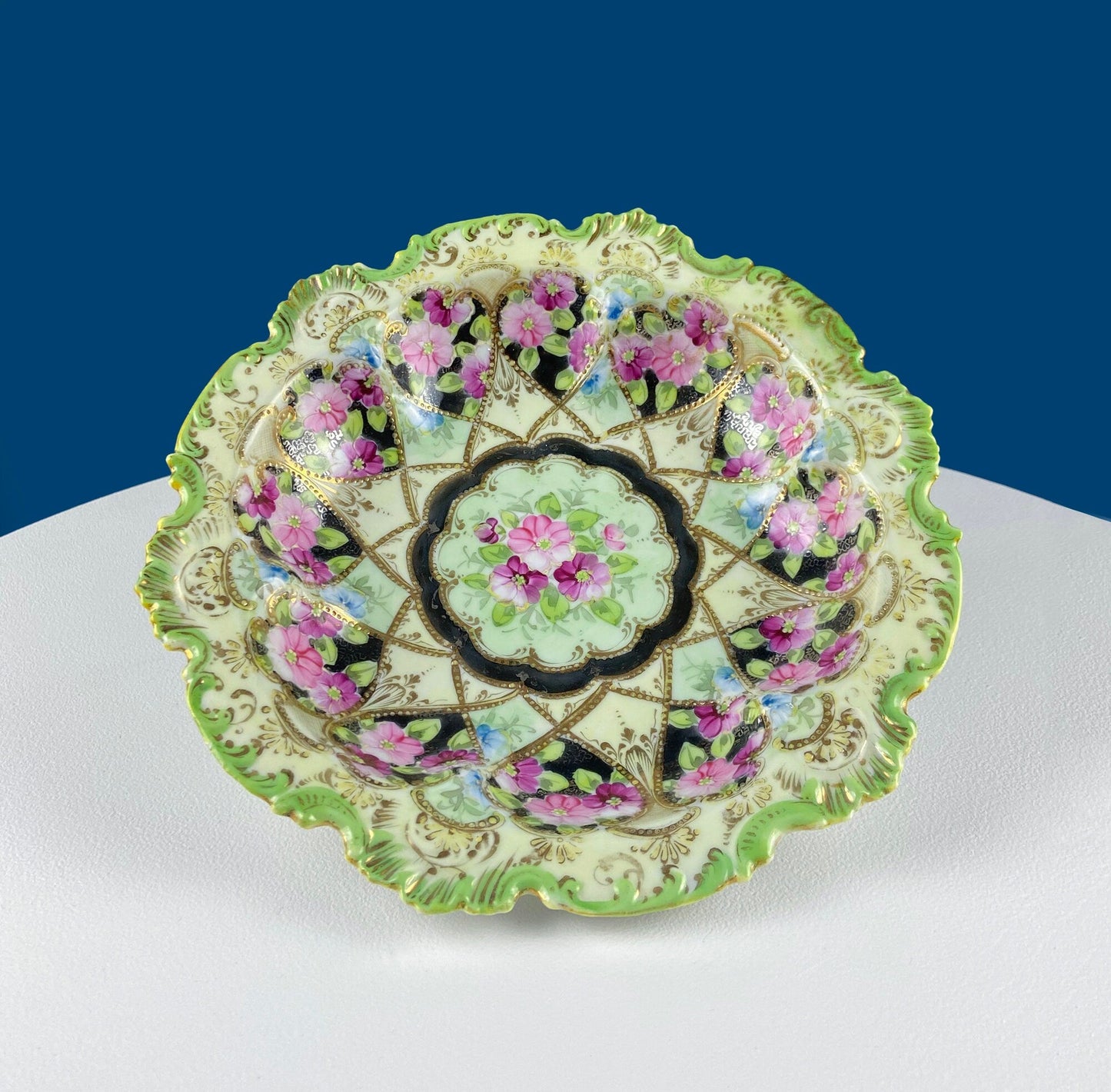 Stunning Antique Hand Painted Porcelain Bowl. Centerpiece Dish with Scalloped Edges. Gold Framework & Flowers. Dining Room Decor. - Tampa Home & Garden Store