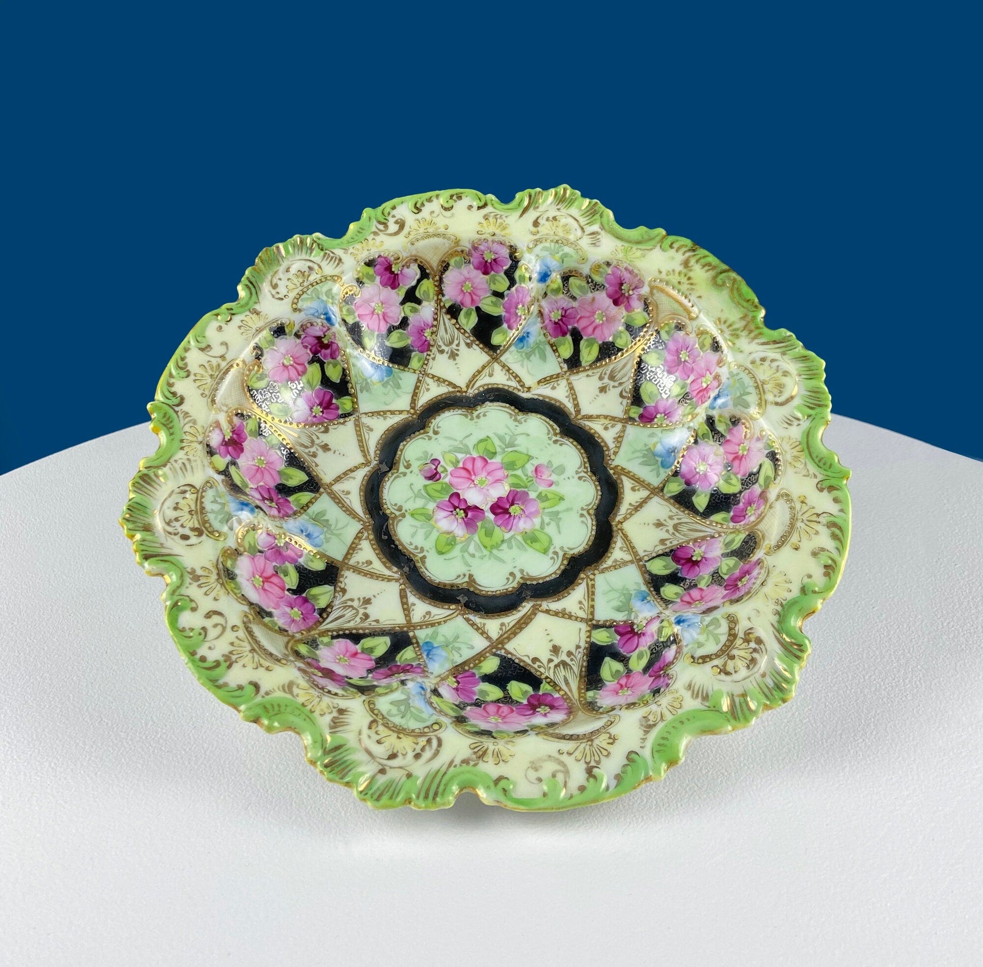 Stunning Antique Hand Painted Porcelain Bowl. Centerpiece Dish with Scalloped Edges. Gold Framework & Flowers. Dining Room Decor. - Tampa Home & Garden Store