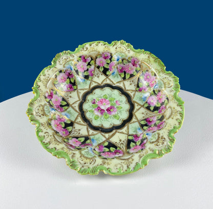 Stunning Antique Hand Painted Porcelain Bowl. Centerpiece Dish with Scalloped Edges. Gold Framework & Flowers. Dining Room Decor. - Tampa Home & Garden Store