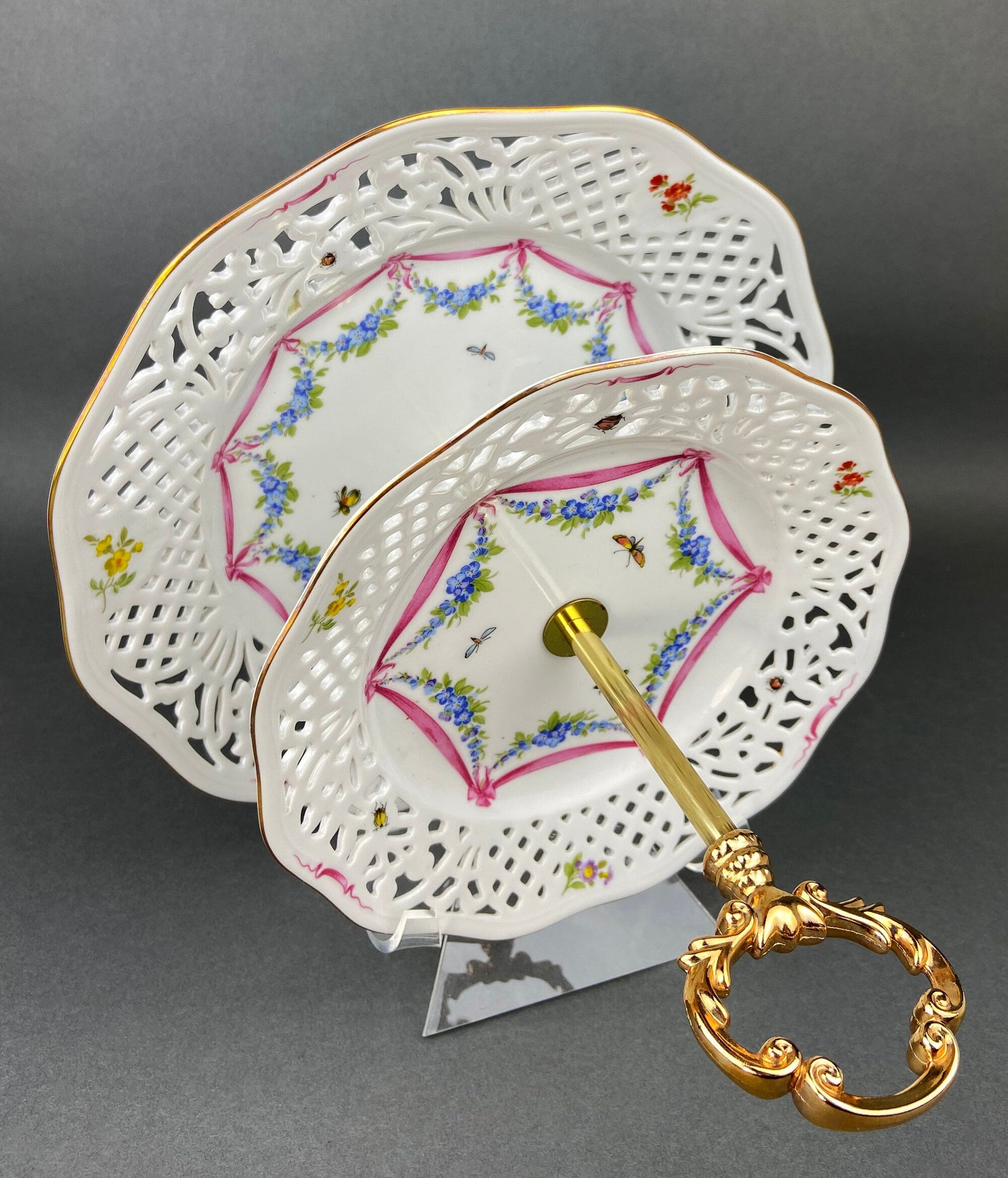 Stunning Antique Hand Painted Porcelain Bowl. Centerpiece Dish with Scalloped Edges. Gold Framework & Flowers. Dining Room Decor. - Tampa Home & Garden Store