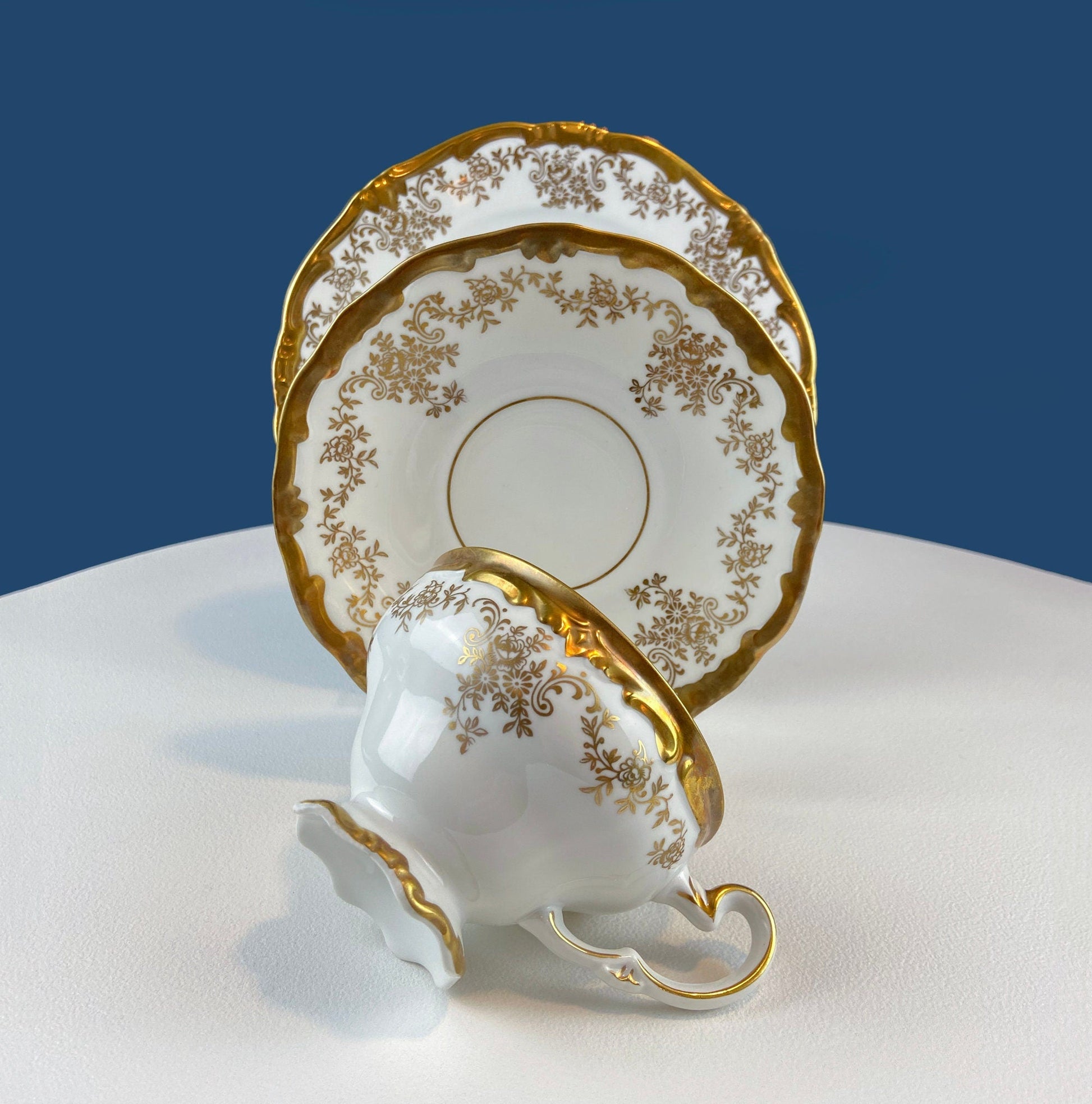 Stunning Antique White and Gold Tea Set Trio. Weimar Porcelain, Katharina Pattern. Hand Painted Floral Gold Trim. Dining Room Decor. - Tampa Home & Garden Store