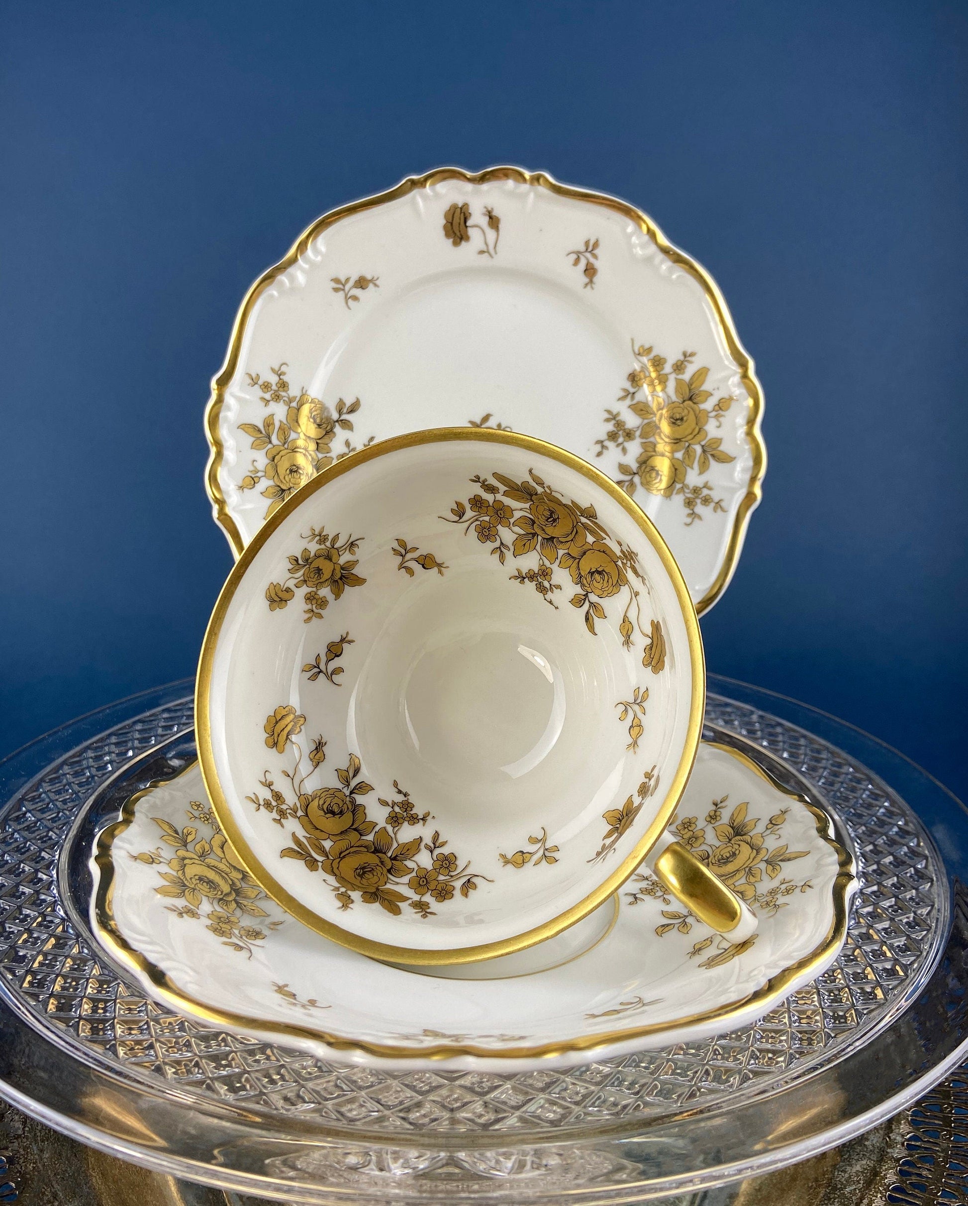 Stunning Antique White and Gold Tea Set Trio. Weimar Porcelain, Katharina Pattern. Hand Painted Floral Gold Trim. Dining Room Decor. - Tampa Home & Garden Store