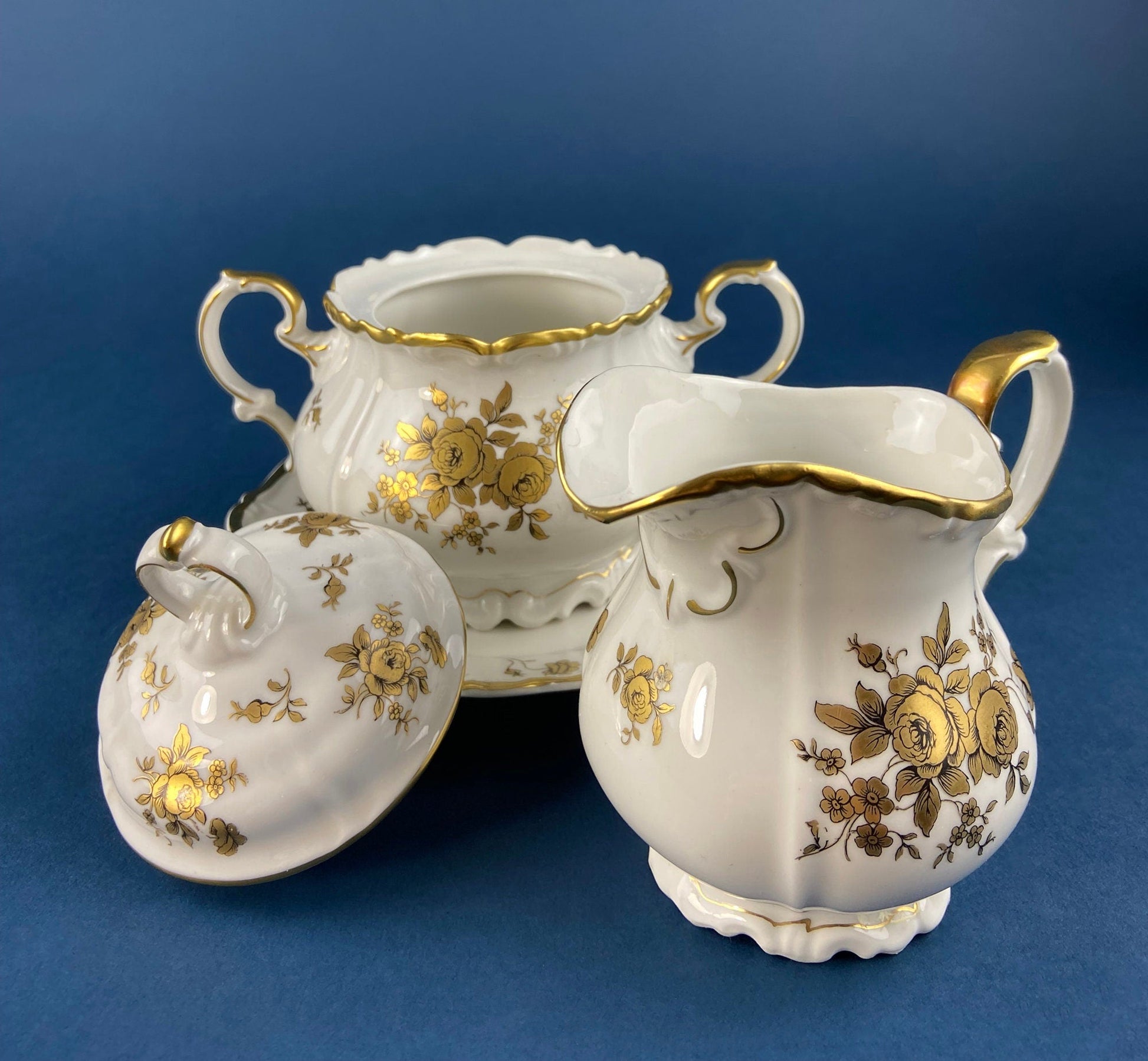 Stunning Antique White and Gold Tea Set Trio. Weimar Porcelain, Katharina Pattern. Hand Painted Floral Gold Trim. Dining Room Decor. - Tampa Home & Garden Store