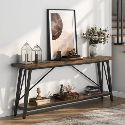 Sturdy 70-inch Industrial Brown Wood Top Console Table with Black Metal Frame - Tampa Home & Garden Store