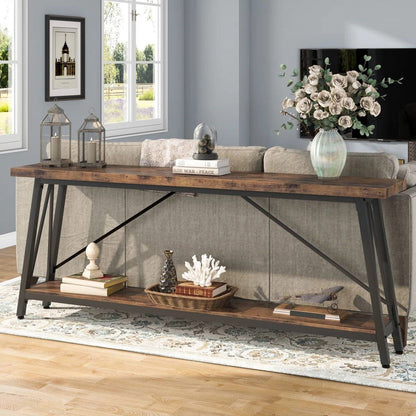 Sturdy 70-inch Industrial Brown Wood Top Console Table with Black Metal Frame - Tampa Home & Garden Store
