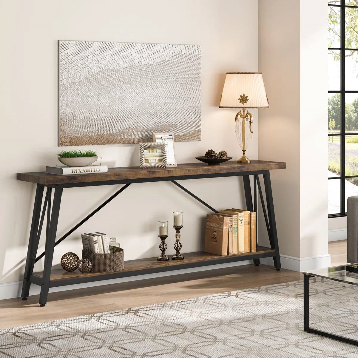Sturdy 70-inch Industrial Brown Wood Top Console Table with Black Metal Frame - Tampa Home & Garden Store