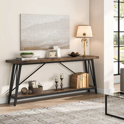 Sturdy 70-inch Industrial Brown Wood Top Console Table with Black Metal Frame - Tampa Home & Garden Store