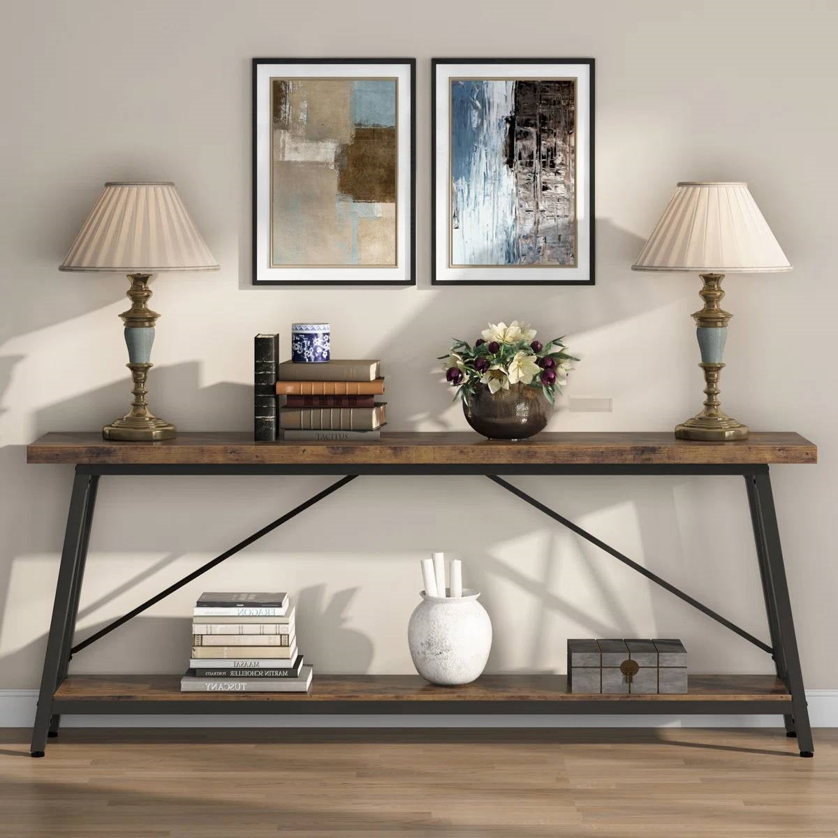 Sturdy 70-inch Industrial Brown Wood Top Console Table with Black Metal Frame - Tampa Home & Garden Store