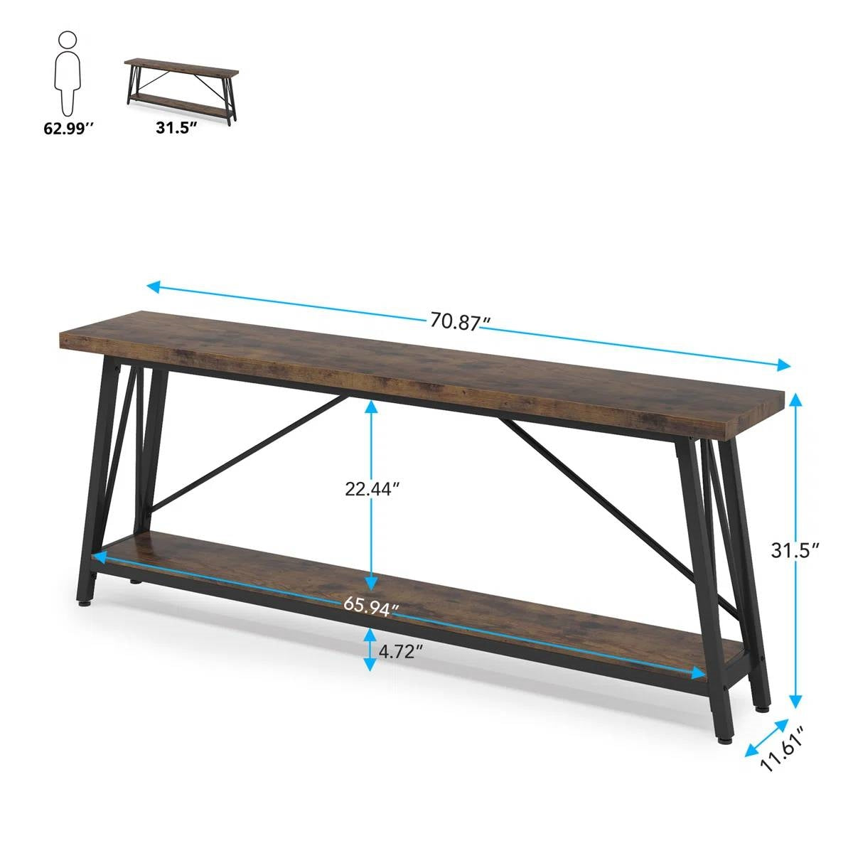 Sturdy 70-inch Industrial Brown Wood Top Console Table with Black Metal Frame - Tampa Home & Garden Store