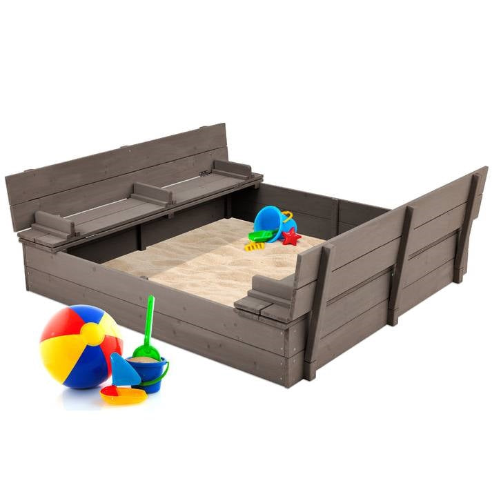 Sturdy Cedar Wood Kids Outdoor Sandbox with Benches in Grey Finish - Tampa Home & Garden Store