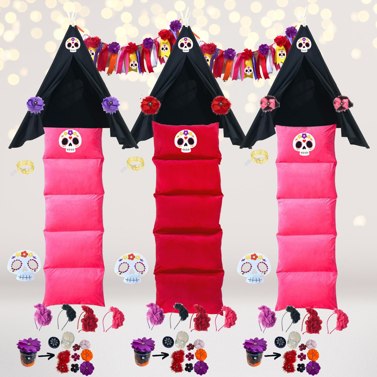 Sugar Skull Party Dia de los Muertos decor kit; black teepees, pink skull cushions on Tampa Home & Garden Store