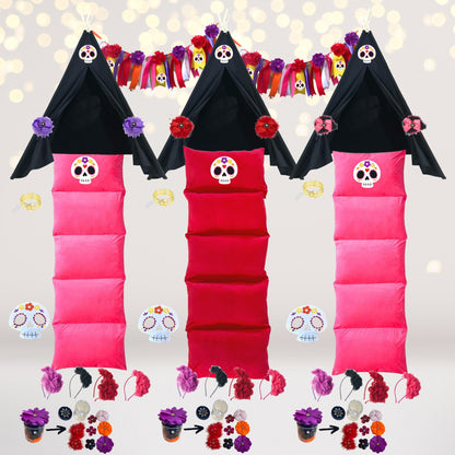 Sugar Skull Party Dia de los Muertos decor kit; black teepees, pink skull cushions on Tampa Home & Garden Store